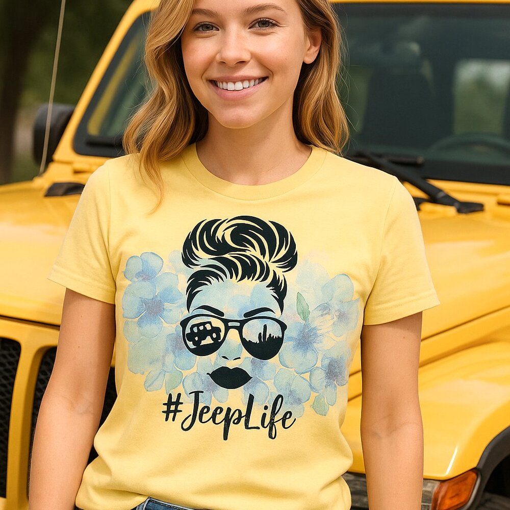 JeepLife Graphic T-Shirt, Jeep Lover Tee, Custom, Floral, Messy Bun, SoftStyle